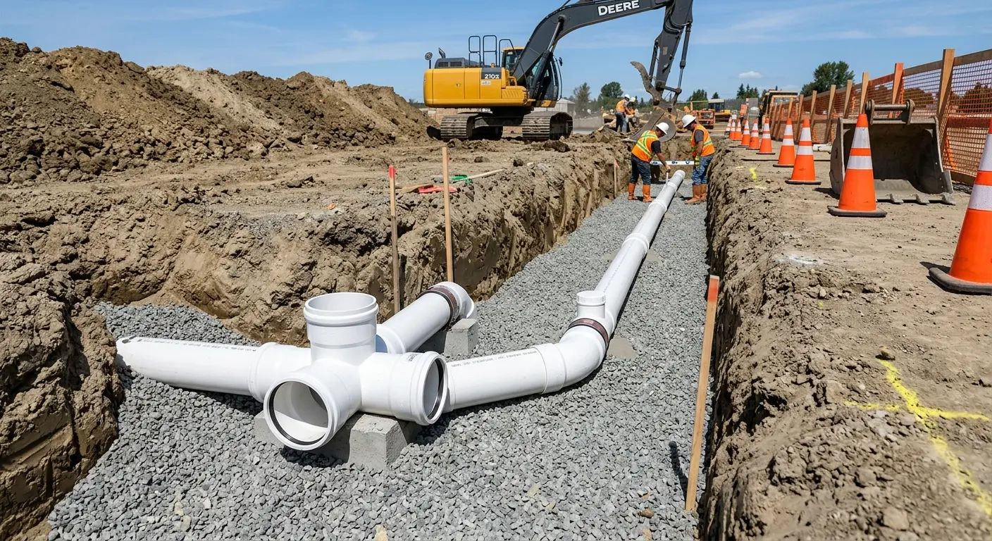 New PVC sewer pipe installation in open trench for Commercial Drain Cleaning in Cedartown