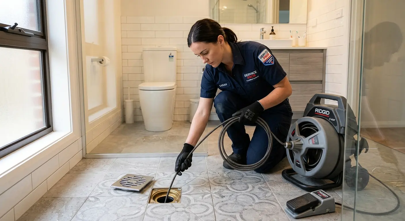 Technician clearing a bathroom floor drain for Clogged Drain Repair in Cedartown